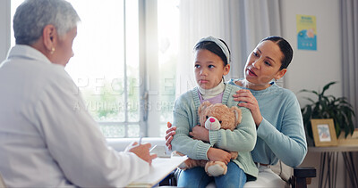 Buy stock photo Pediatrician, hospital and mom at kid consultation with paperwork of mature woman and teddy with health check. Help, clinic and healthcare with exam, young girl and wellness with family doctor