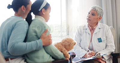 Buy stock photo Hospital, clipboard and doctor with child for consulting, medical service and assessment in clinic. Healthcare, pediatrician and woman with mother and girl for diagnosis, discussion and wellness