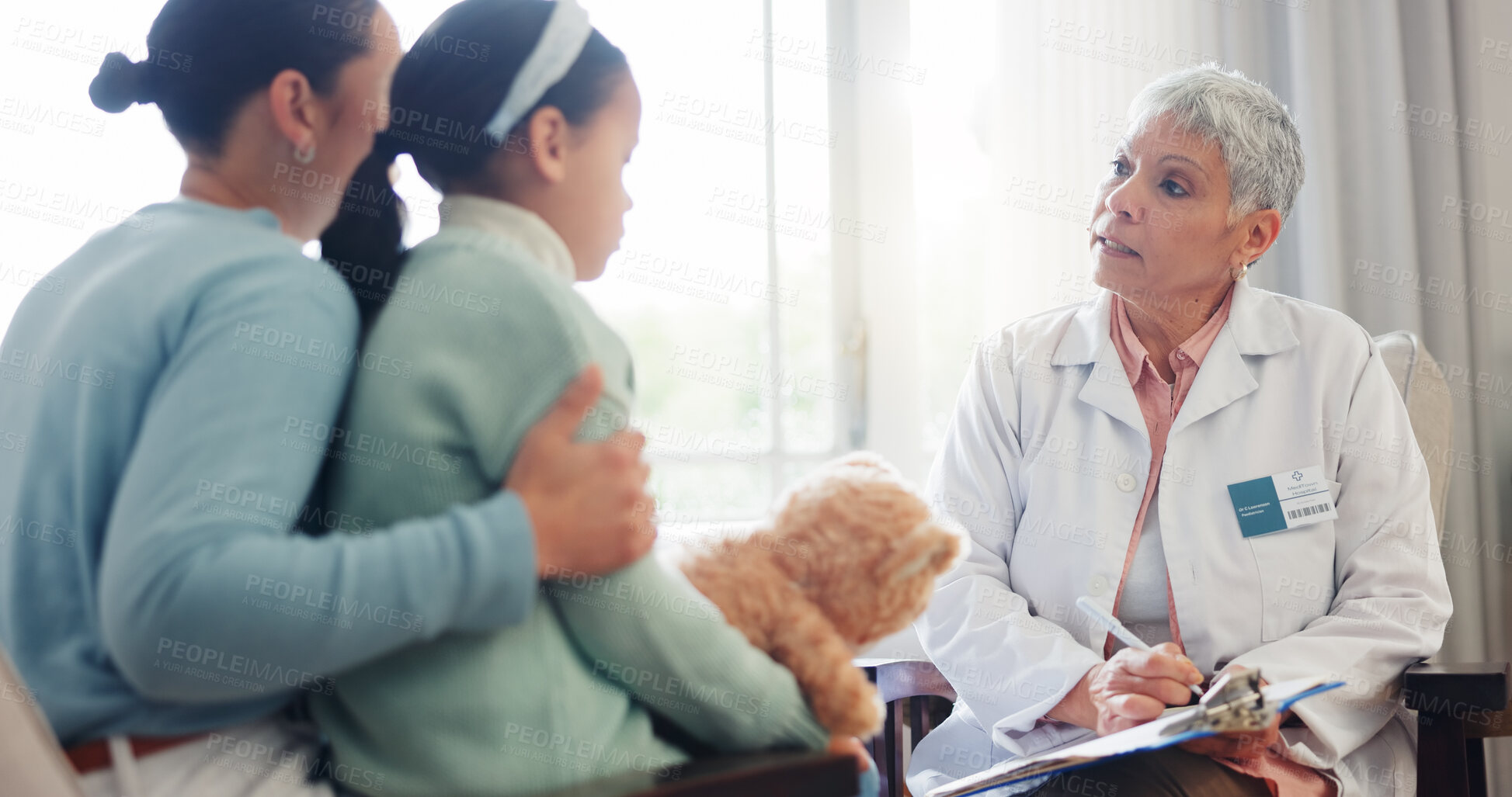 Buy stock photo Hospital, clipboard and doctor with child for consulting, medical service and assessment in clinic. Healthcare, pediatrician and woman with mother and girl for diagnosis, discussion and wellness