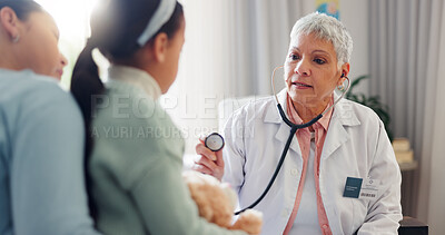 Buy stock photo Hospital, stethoscope and doctor with child listening for consulting, medical service and help in clinic. Healthcare, pediatrician and woman with mom and girl for diagnosis, breathe and wellness