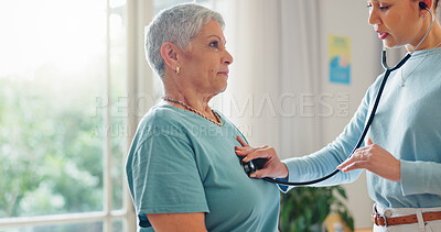 Buy stock photo Stethoscope, assessment and woman with doctor in office for healthcare, checkup and heartbeat. Medical, worker and examination of patient at clinic for cardiac evaluation, help and respiratory sound