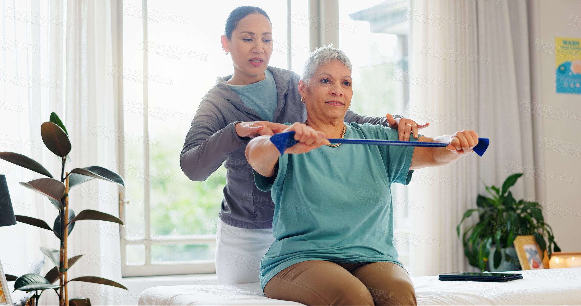 Buy stock photo Resistance band, physiotherapy and woman stretching for consulting, medical service and wellness. Healthcare, chiropractor and physical therapist with patient for rehabilitation, recovery or mobility