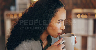 Buy stock photo Thinking, office and business woman with coffee for working late, planning and project ideas. Professional worker, corporate and person on break drinking tea, caffeine and beverage in office at night