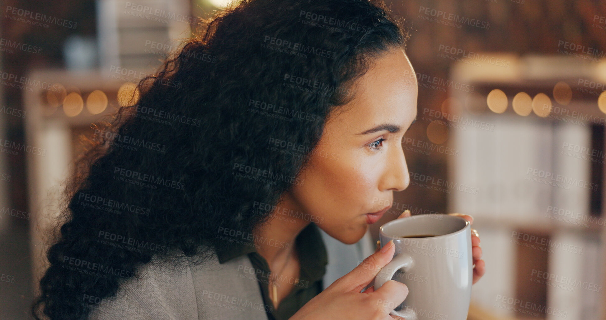 Buy stock photo Thinking, office and business woman with coffee for working late, planning and project ideas. Professional worker, corporate and person on break drinking tea, caffeine and beverage in office at night