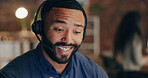 Black man, smile and headset in office for call center, contact us and customer service with crm. Agent, happy and microphone in workplace for communication, lead generation or technical support