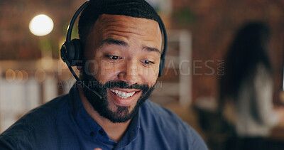 Buy stock photo Black man, smile and headset in office for call center, contact us and customer service with crm. Agent, happy and microphone in workplace for communication, lead generation or technical support