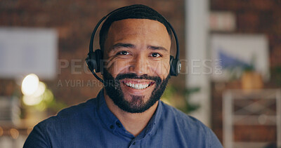 Buy stock photo Black man, portrait and headset in office for call center, contact us and customer service with sales. Agent, happy and microphone in workplace for communication, lead generation or technical support