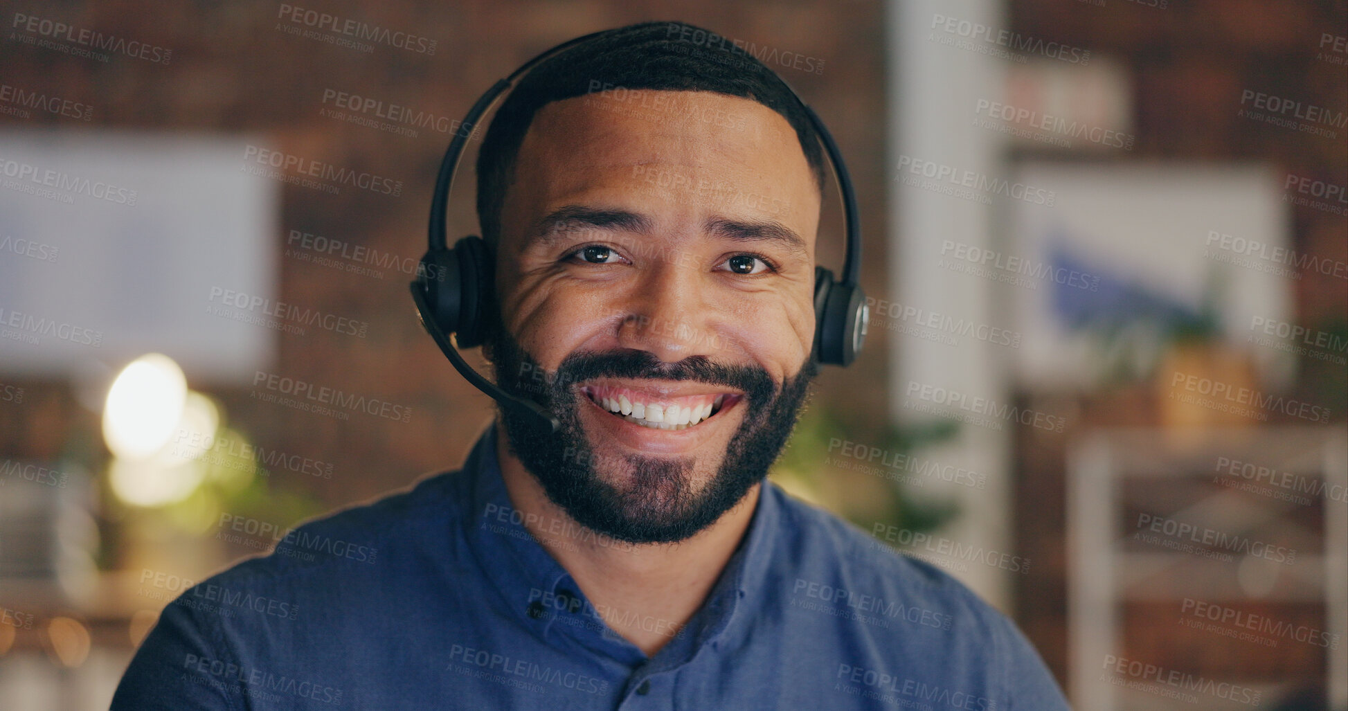 Buy stock photo Black man, portrait and headset in office for call center, contact us and customer service with sales. Agent, happy and microphone in workplace for communication, lead generation or technical support