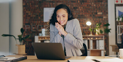 Buy stock photo Video call, excited and woman with headset, laptop and good news in office for late night webinar. Consultant, advisor or virtual assistant in online meeting with celebration, success or achievement