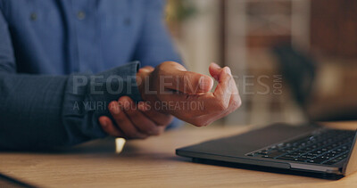 Buy stock photo Wrist pain, laptop and hands of business person with injury, strain and accident for typing on computer. Professional, corporate and worker with ache, tension and medical crisis for carpal tunnel