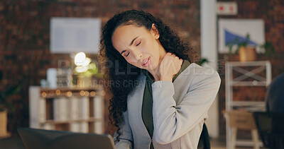 Buy stock photo Neck pain, stress and business woman in office with injury for medical emergency, accident and tension. Professional, working late and person on laptop massage for burnout, strain or posture at night