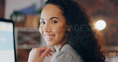 Buy stock photo Business woman, computer and happy in office for networking, communication and research at night. Employee, tech and portrait in workplace for ambition, deadline and project management with screen