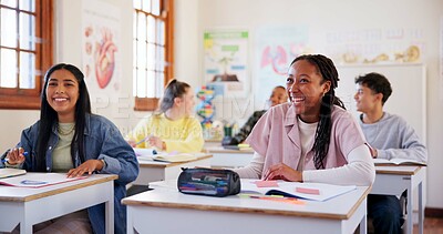 Buy stock photo Happy children, students and laughing with humor in classroom for funny joke together at school. Young, group or learners with smile, books or desk for fun education, learning or youth development