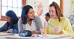 Happy teacher, student or girl with book for help, support or assistance on question at school. Young, female person or educator with learner or teenager for open exam, test or classroom assessment