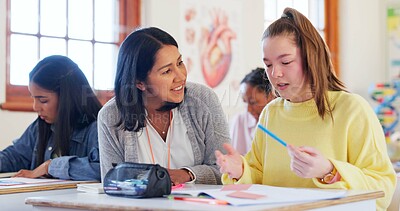 Buy stock photo Happy teacher, student or girl with book for help, support or assistance on question at school. Young, female person or educator with learner or teenager for open exam, test or classroom assessment