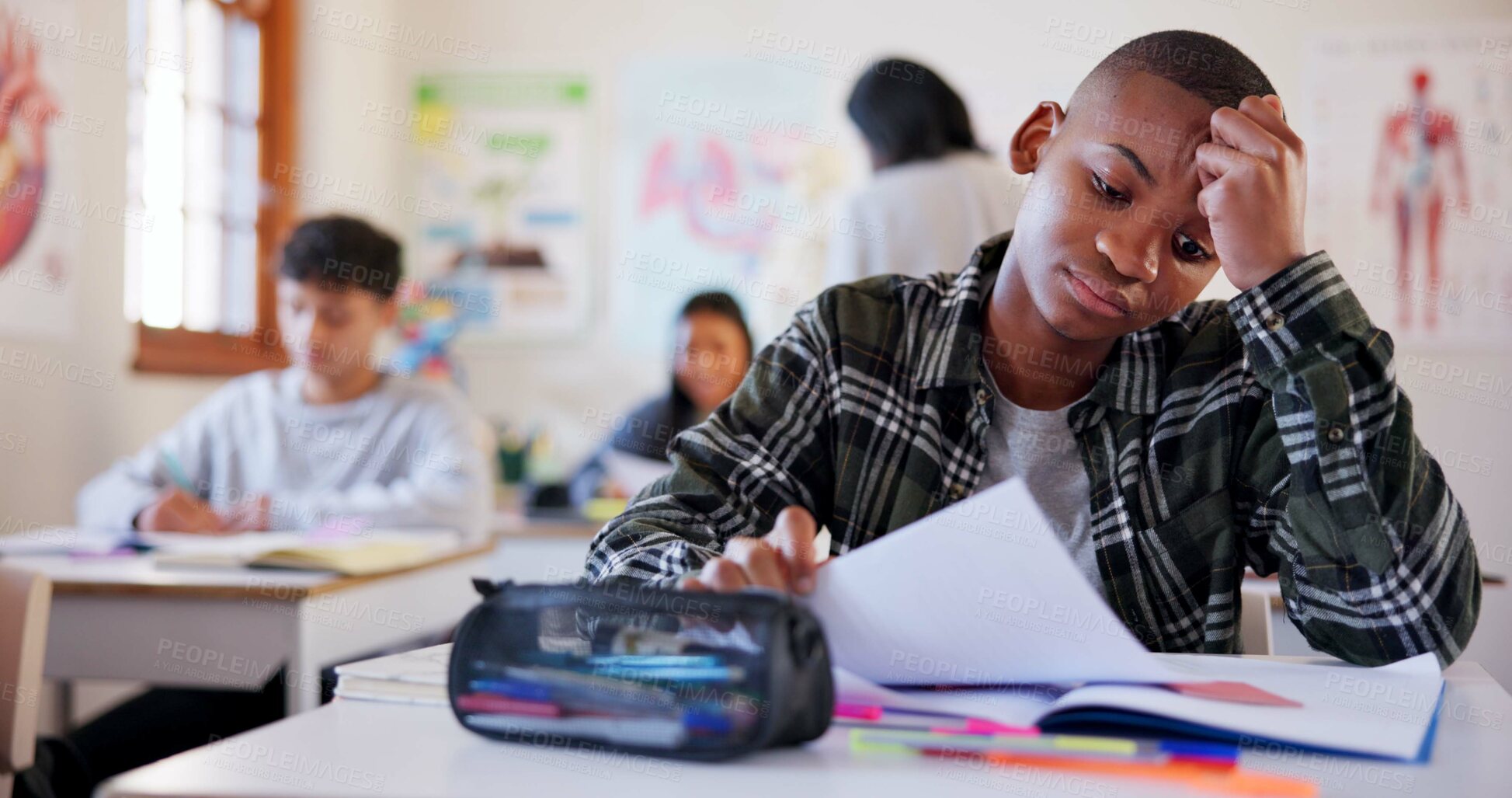 Buy stock photo Child, student or test with stress for bad result, feedback or exam in classroom at school. Young, kid or teenager with headache, mistake or failure for academic examination, assessment or assignment