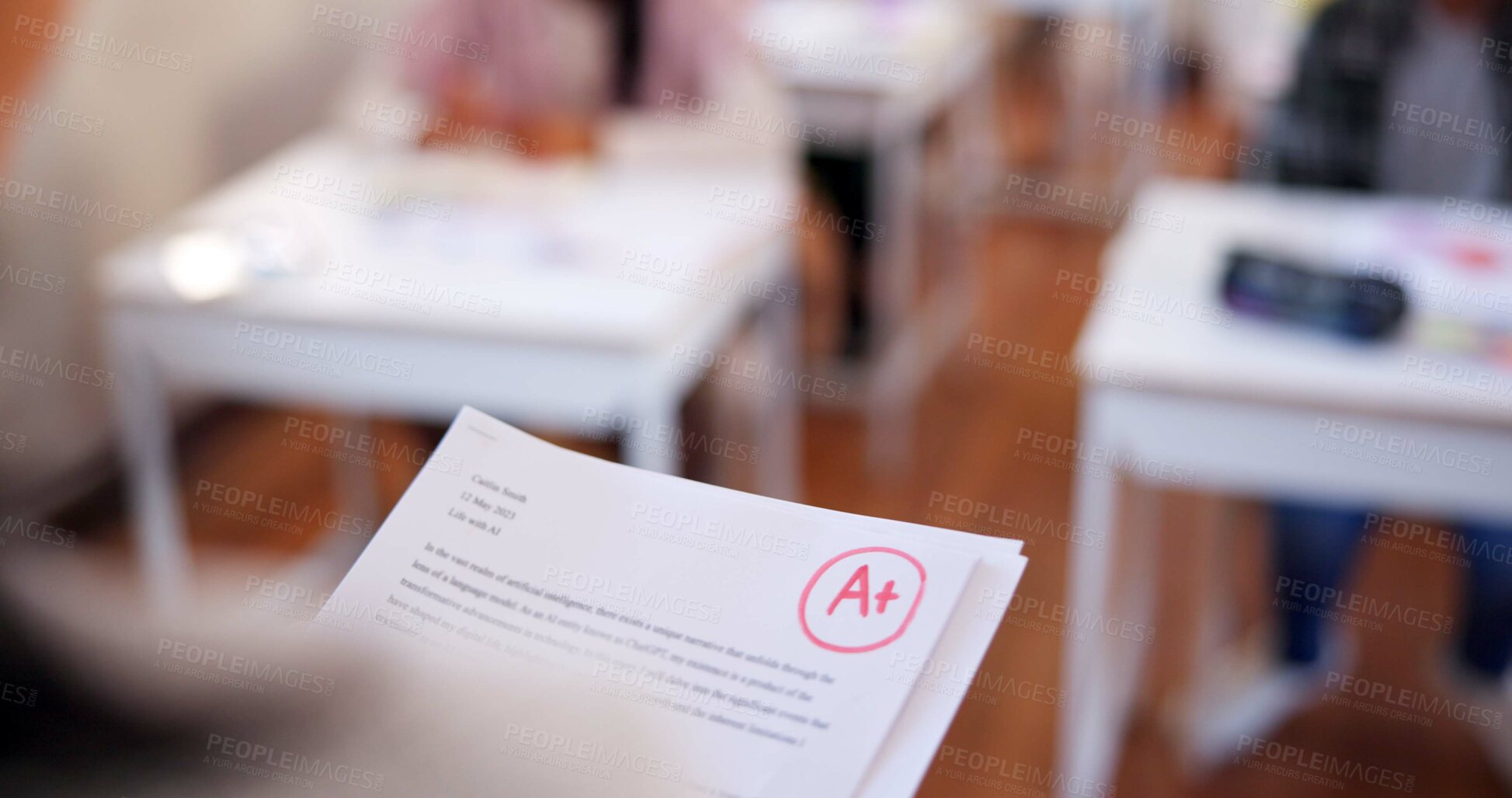 Buy stock photo Grade, school and teacher with results, closeup and academic with education. Success, achievement or evaluation with documents, learning or studying with positive feedback or development in classroom