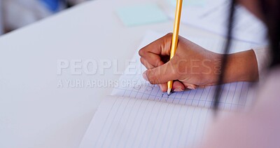 Buy stock photo Hands, pencil and writing in school for learning, education and development with study notes in book. Student, girl and paper in classroom for assessment, letter and academic project with scholarship