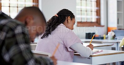 Buy stock photo Education, studying and writing with girl in classroom for learning, scholarship and anatomy. Biology, knowledge and future with people at STEM school for information, development and academy