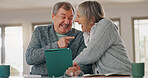 Senior couple, tablet and home for profit investment, happy and notification of cashback success. Elderly people, calculate pension and notebook for bills or payment, finance and embrace for security