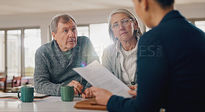 Buy stock photo Conversation, documents and senior couple with financial advisor for retirement annuity saving account. Meeting, finance paperwork and elderly man and woman with investment banker for pension growth.