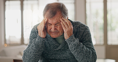 Buy stock photo Headache, stress and senior man in home with worry for debt, bankruptcy or financial crisis. Migraine, exhausted and elderly male person with frustration for retirement with pension fail or mistake.