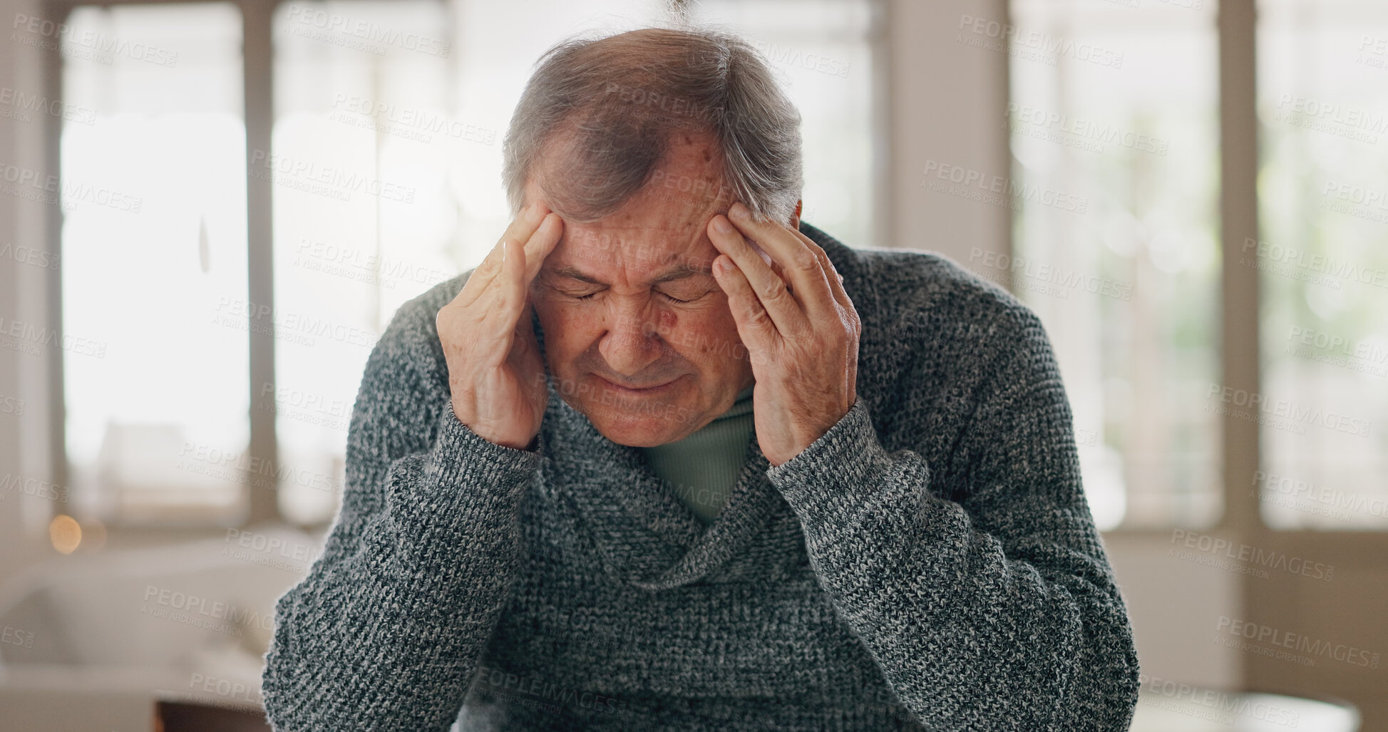 Buy stock photo Headache, stress and senior man in home with worry for debt, bankruptcy or financial crisis. Migraine, exhausted and elderly male person with frustration for retirement with pension fail or mistake.