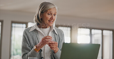 Buy stock photo Video call, laptop and senior woman in home for conversation, networking or communication. Talking, technology and elderly female person in virtual or online chat on computer for discussion at house.