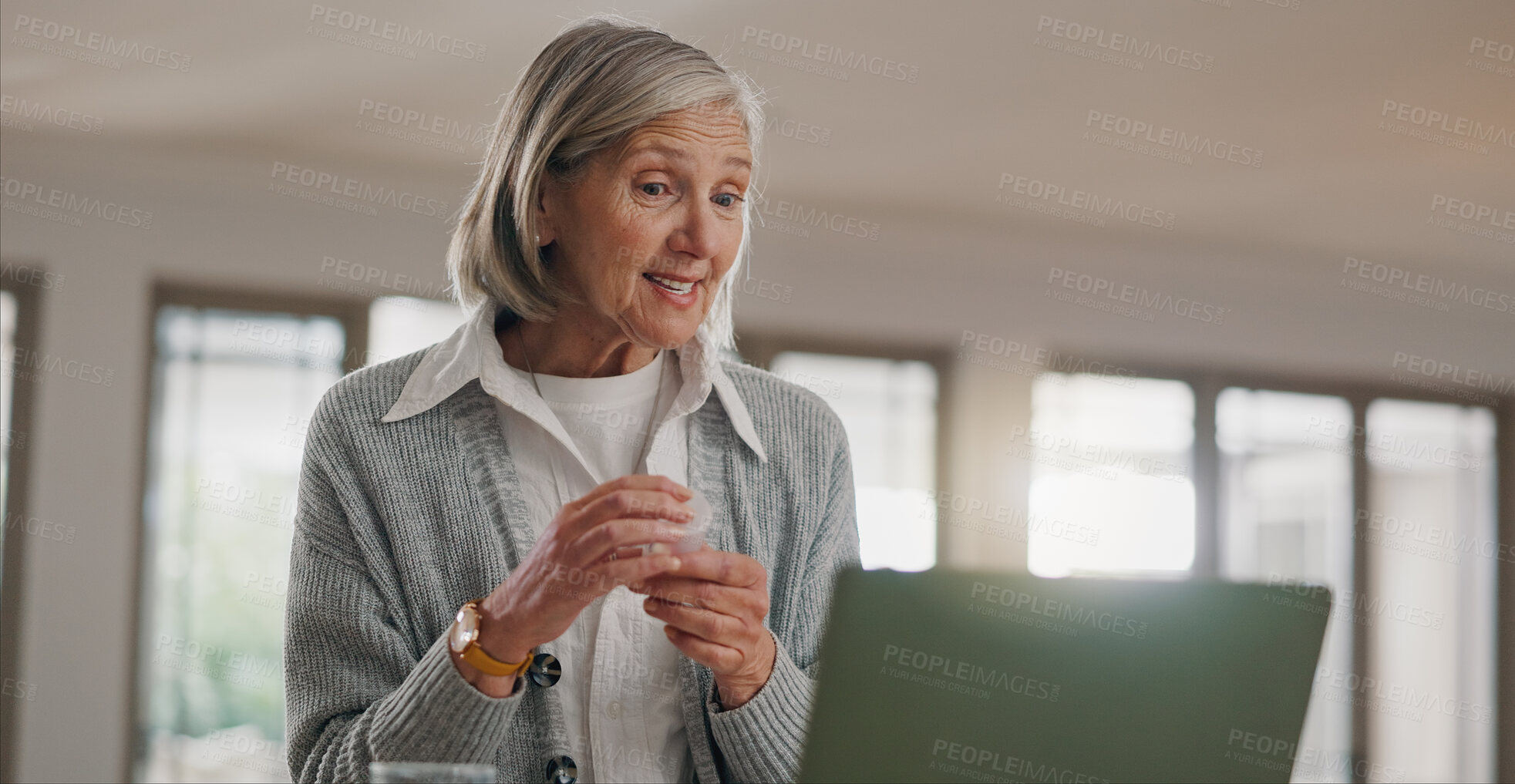 Buy stock photo Video call, laptop and senior woman in home for conversation, networking or communication. Talking, technology and elderly female person in virtual or online chat on computer for discussion at house.