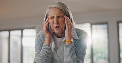 Buy stock photo Senior woman, headache and stress in home with pain, hands and massage temple for relief in retirement. Elderly person, migraine and exhausted with burnout, fatigue and tired in morning at apartment