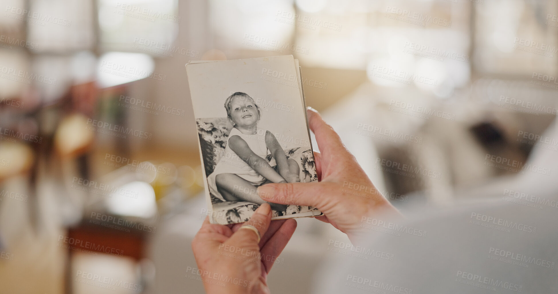 Buy stock photo Hand, nostalgia and senior person with picture frame for mourning, loss or grief with history in house. Comfort, memory and elderly patient with photo for reflection or remembrance in retirement home