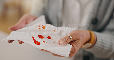 Buy stock photo Woman, hands and tissue with blood in home for respiratory crisis, bacteria and chronic illness. Healthcare, problem and female person with toilet paper in house for tuberculosis, disease or bleeding