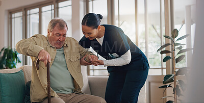 Buy stock photo Senior man, nurse and help with walking stick, steps or holding hands for recovery on sofa in retirement home. Caregiver, woman and elderly person with disability, rehabilitation and cane for balance