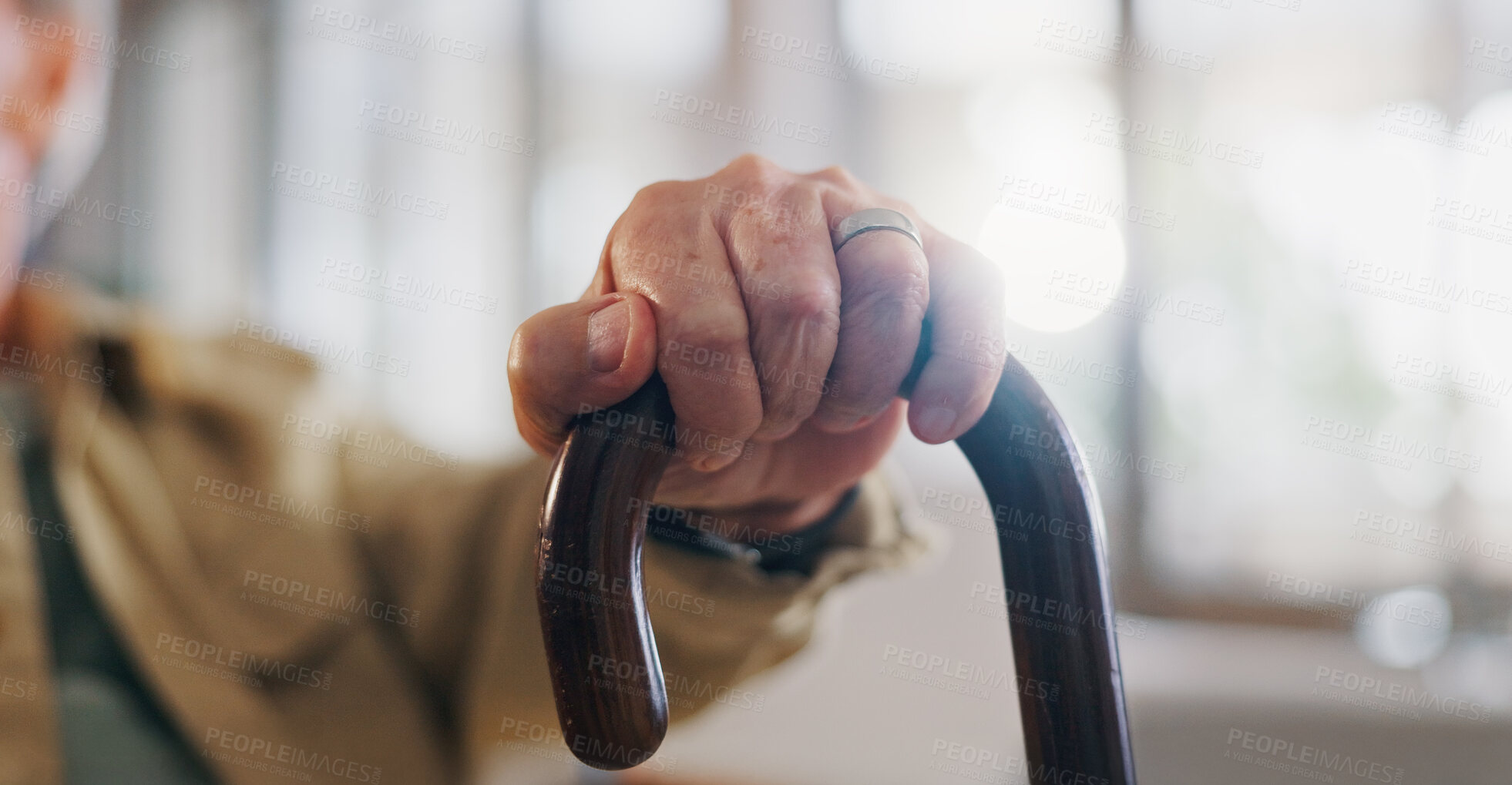 Buy stock photo Walking stick, hand and senior man in home with dementia in nursing facility with sickness. Alzheimers, cane and closeup of elderly person with disability in retirement for medical assisted living.