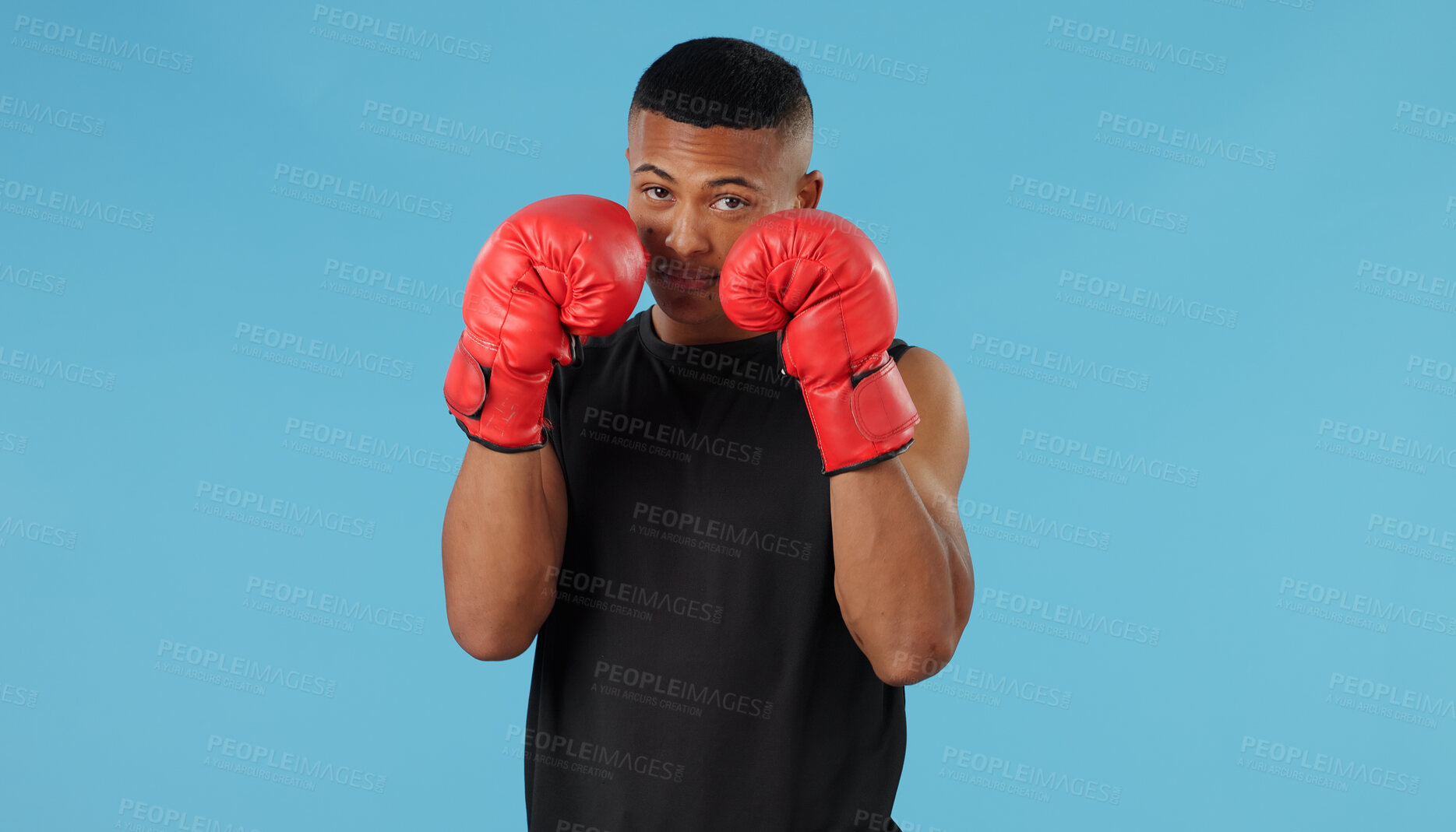 Buy stock photo Man, fist and portrait in studio for box, fight and muay thai with exercise, battle and competition. Boxer, face and strong athlete on blue background for training, fitness and workout with mma sport