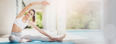 Buy stock photo Portrait of an attractive young woman stretching before her workout