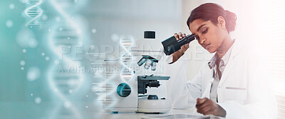 Buy stock photo Science, microscope and woman with tablet, research for cure and drug testing with results, data capture and pharmaceutical experiment. Person, scientist and chemistry with lab equipment and tech