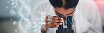 Buy stock photo Science, medical research and female scientist with a microscope for analyzing microbiology in a lab. Healthcare, biotechnology and woman researcher working on a project in pharmaceutical laboratory.