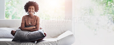 Buy stock photo Shot of a young woman enjoying some time off at home