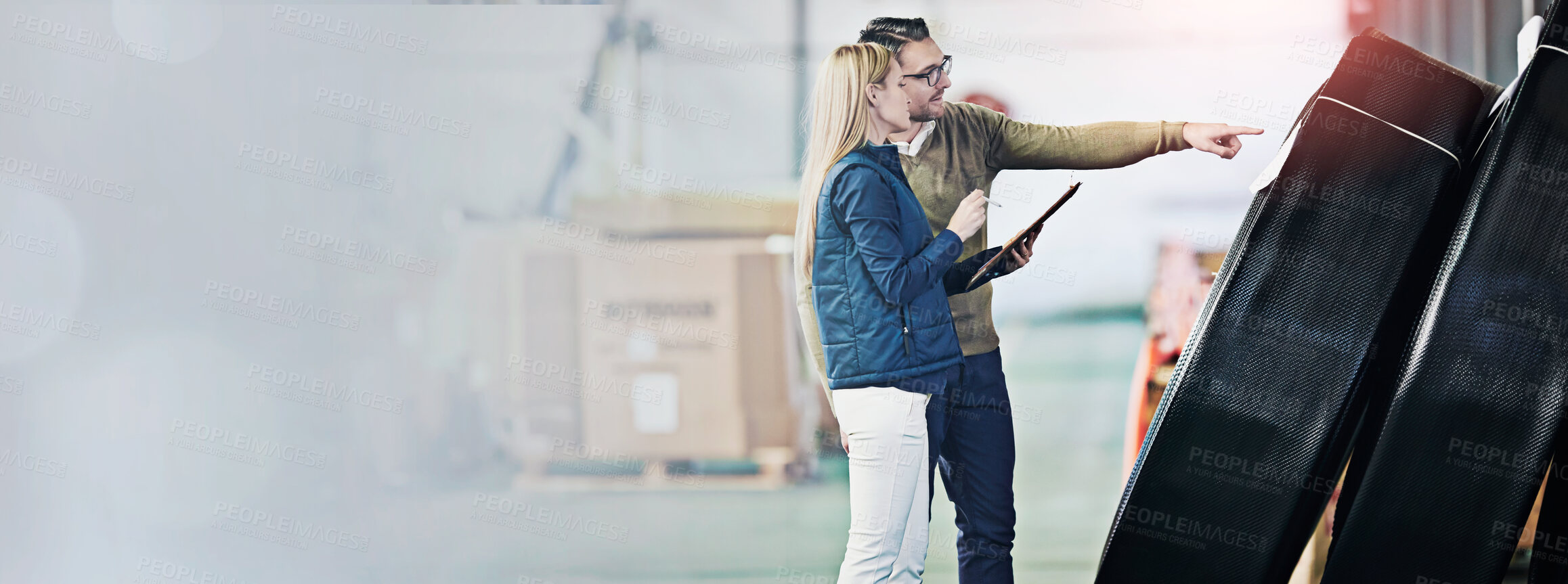 Buy stock photo Business people, logistics and clipboard in warehouse for delivery, shipping inventory and stock inspection. Distribution, industrial factory and teamwork for freight, supply chain or quality control