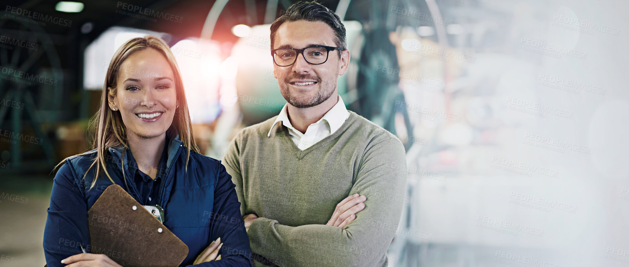 Buy stock photo Portrait, coworkers and managing industrial logistics factory, team and holding clipboard for inventory. Man, woman and together in warehouse for export or distribution, target and stock take.