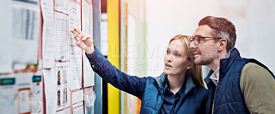 Buy stock photo Man, woman and planning schedule with board in warehouse with calendar for order details. Business, people and checking with checklist or clipboard for supplier information and inventory updates