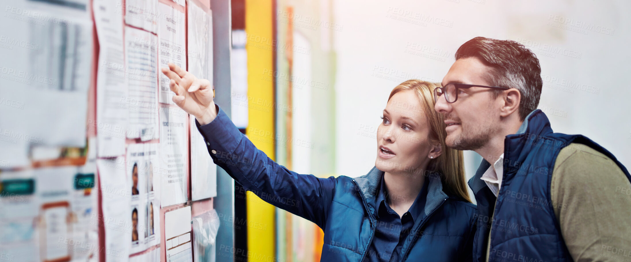 Buy stock photo Man, woman and planning schedule with board in warehouse with calendar for order details. Business, people and checking with checklist or clipboard for supplier information and inventory updates