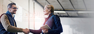 Buy stock photo Welcome, deal and business people with handshake for partnership, distribution or agreement. Professional, technology and shaking hands for export support, b2b networking or onboarding in warehouse