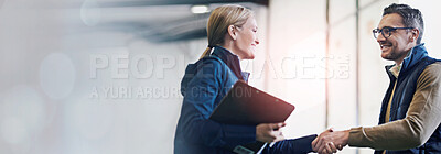 Buy stock photo Business people, handshake and welcome for partnership, collaboration and agreement. Professional, clipboard and shaking hands for introduction, b2b onboarding or teamwork in shipping warehouse