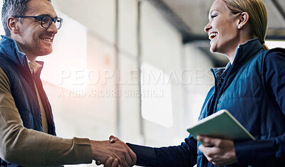 Buy stock photo Greeting, deal and business people with handshake for partnership, distribution or agreement. Professional, tablet and shaking hands for export support, b2b networking or welcome in shipping facility