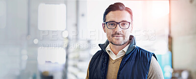 Buy stock photo Tablet, serious and portrait of man in factory for manufacturing, networking and inventory. Distribution, industrial and technology with male employee in warehouse for inspection, export and storage