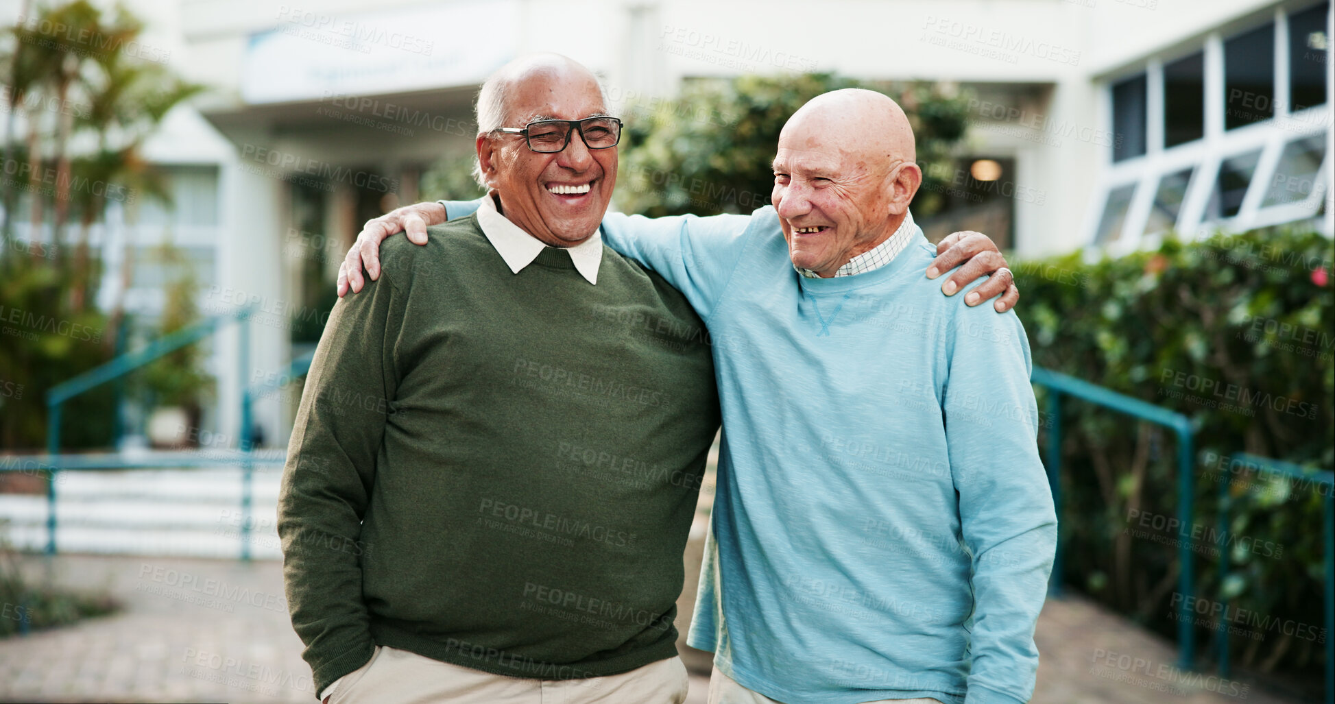 Buy stock photo Outdoor, hug and old men with smile, funny and support with retirement, nature and joyful. Nursing home, best friends and senior people with embrace, garden and laughing with happiness and reunion