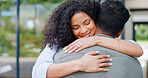 Love, happy and couple in home hug for bonding, commitment and relationship. Marriage, support and man and woman embrace for trust, affection and romance in new house, property or apartment together