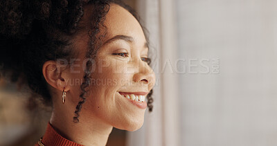 Buy stock photo Profile, happy woman and thinking of future in home, plan or reflection of mindset by window view or curtains. Living room, smile and African girl with vision, ideas and dream on mockup space banner